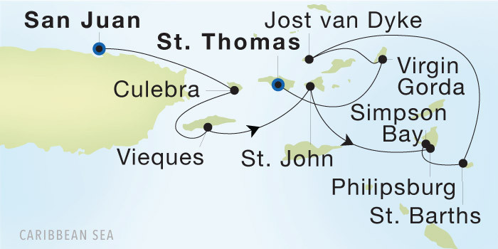 San Juan to Charlotte Amalie, St. Thomas SeaDream voyage 12644 itinerary map