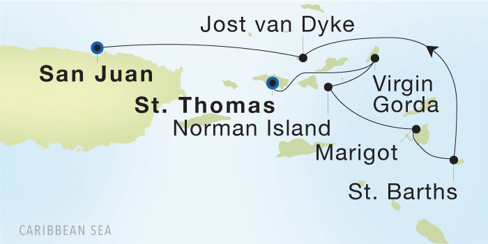 Charlotte Amalie, St. Thomas to San Juan SeaDream voyage 12701 itinerary map