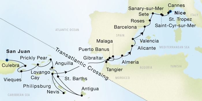 San Juan, Puerto Rico to Nice, France SeaDream I voyage G12615 itinerary map