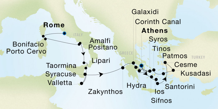 Rome (Civitavecchia) to Athens (Piraeus) Luxury Cruise Itinerary Map