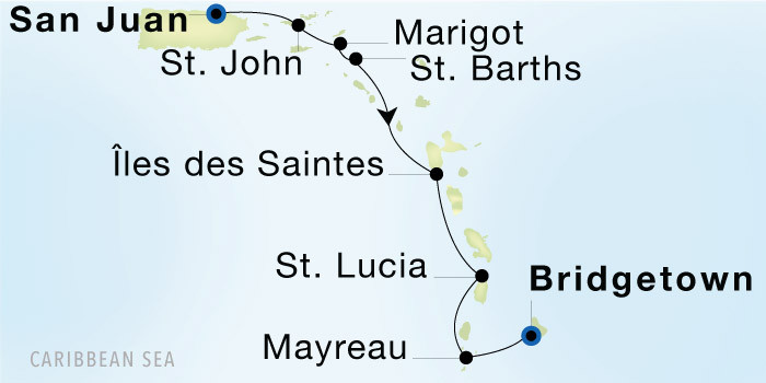 San Juan to Bridgetown, Barbados SeaDream voyage 12710 itinerary map