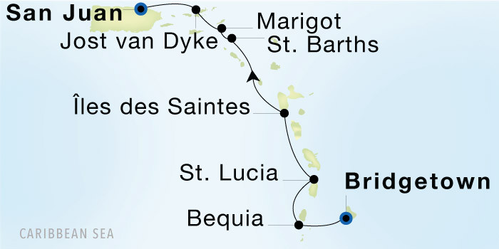 Bridgetown, Barbados to San Juan SeaDream voyage 12712 itinerary map