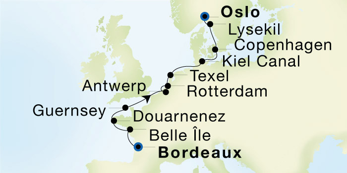 Bordeaux to Oslo SeaDream voyage 12720 itinerary map