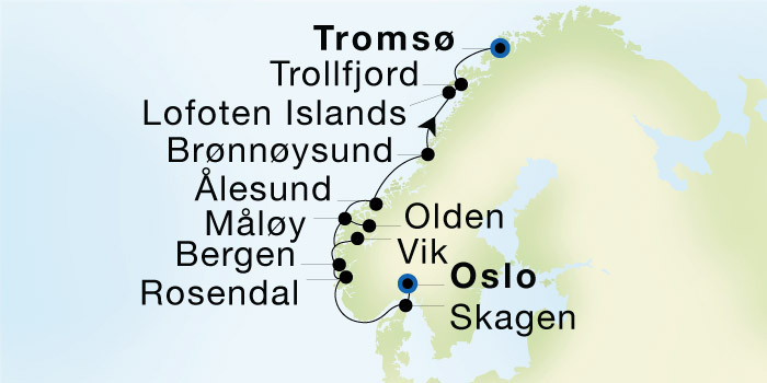 Oslo to Tromsø SeaDream voyage 12721 itinerary map