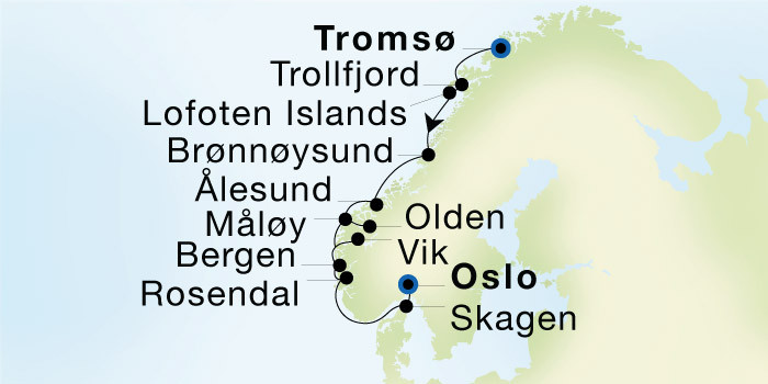 Tromsø to Oslo SeaDream voyage 12722 itinerary map