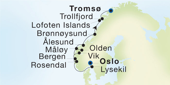 Oslo to Tromsø SeaDream voyage 12723 itinerary map