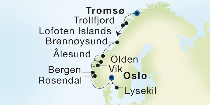 Tromsø to Oslo SeaDream voyage 12724 itinerary map