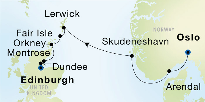 Oslo to Edinburgh (Leith), Scotland SeaDream voyage 12727 itinerary map