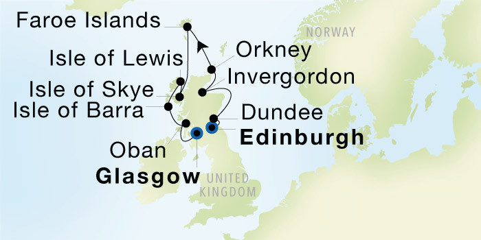 Edinburgh (Leith), Scotland to Glasgow (Troon) SeaDream voyage 12728 itinerary map