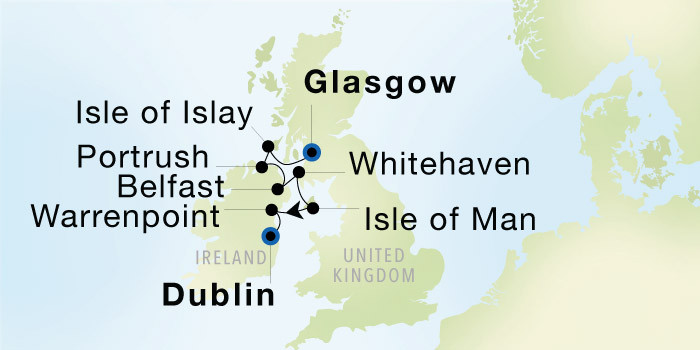 Glasgow (Troon) to Dublin (Dún Laoghaire) SeaDream voyage 12729A itinerary map