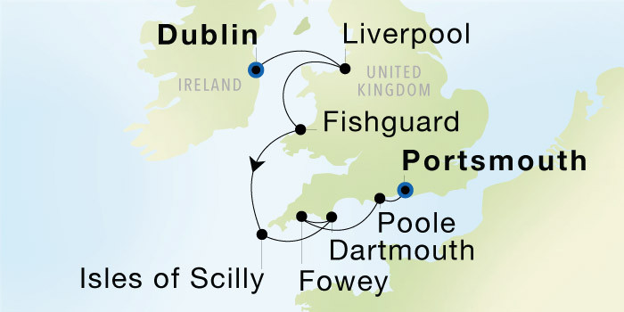 Dublin (Dún Laoghaire) to Portsmouth, England SeaDream voyage 12731A itinerary map