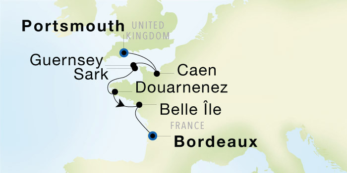 Portsmouth, England to Bordeaux SeaDream voyage 12732 itinerary map
