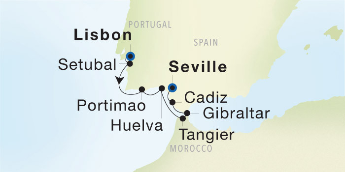 Lisbon to Seville SeaDream voyage 12734 itinerary map