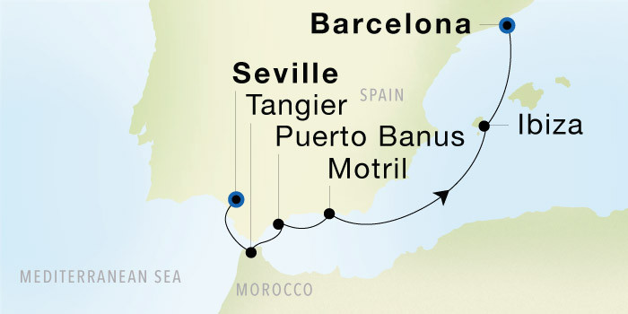 Seville to Barcelona SeaDream voyage 12735 itinerary map