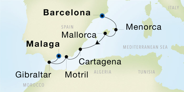 Barcelona to Malaga SeaDream voyage 12736 itinerary map