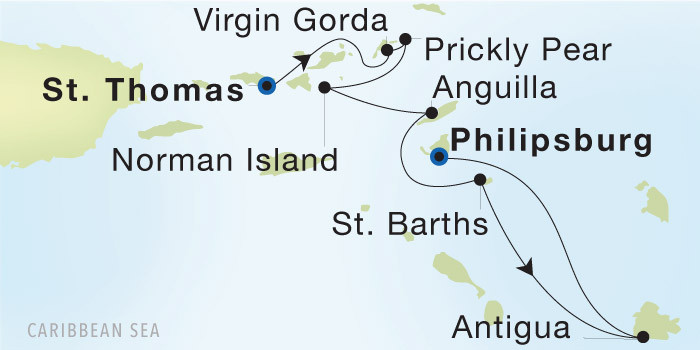 Charlotte Amalie, St. Thomas to Philipsburg SeaDream voyage 12740 itinerary map