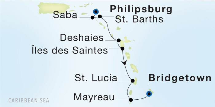 Philipsburg to Bridgetown, Barbados SeaDream voyage 12741 itinerary map