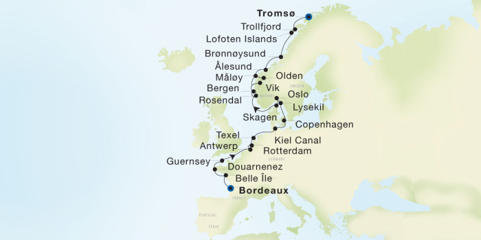 Bordeaux to Tromsø Luxury Cruise Itinerary Map