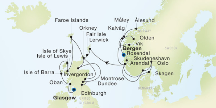 Bergen to Glasgow (Troon) Luxury Cruise Itinerary Map