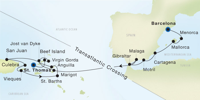 Barcelona to Charlotte Amalie, St. Thomas Luxury Cruise Itinerary Map