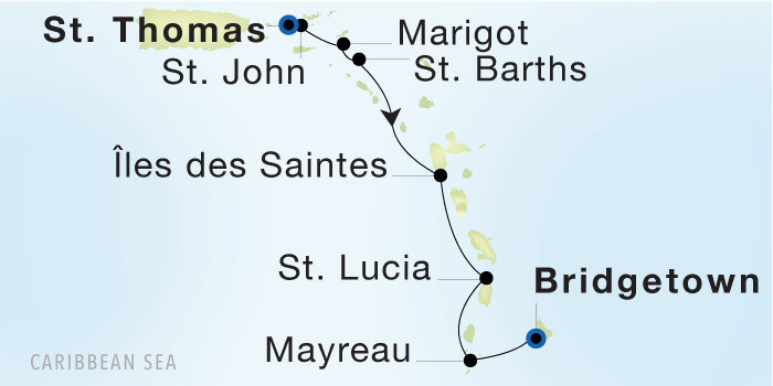Charlotte Amalie, St. Thomas to Bridgetown, Barbados SeaDream voyage 12804 itinerary map