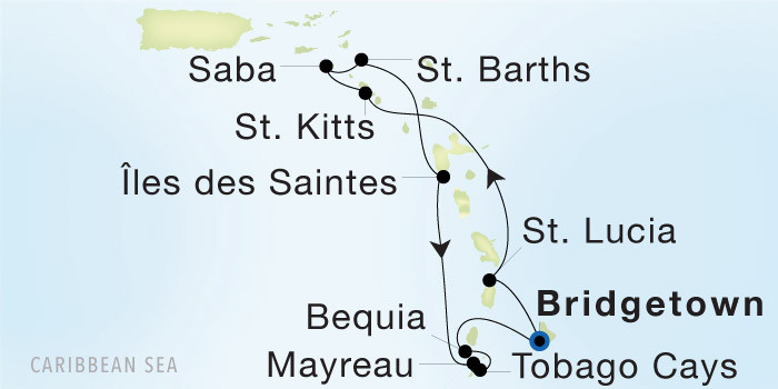 Bridgetown, Barbados to Bridgetown, Barbados SeaDream voyage 12805 itinerary map