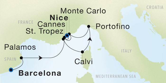 Barcelona to Nice SeaDream voyage 12819 itinerary map