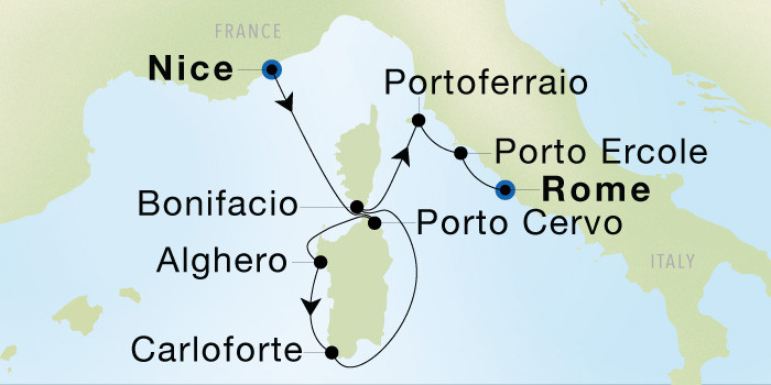 Nice to Rome (Civitavecchia) SeaDream voyage 12820 itinerary map