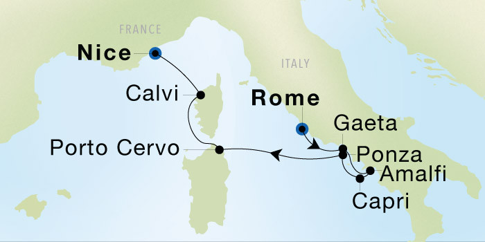 Rome (Civitavecchia) to Nice SeaDream voyage 12821 itinerary map