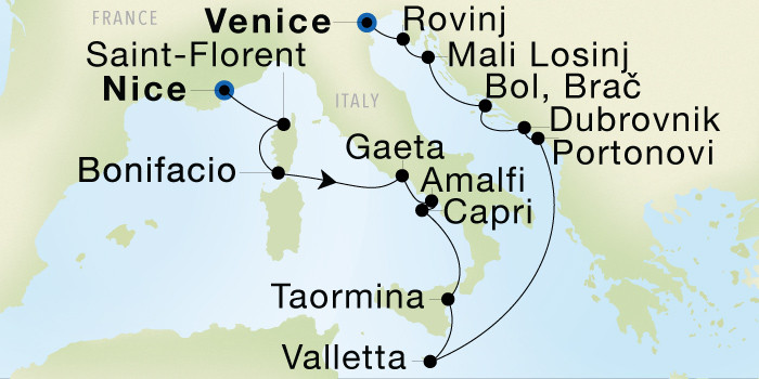 Nice to Venice SeaDream voyage 12823 itinerary map
