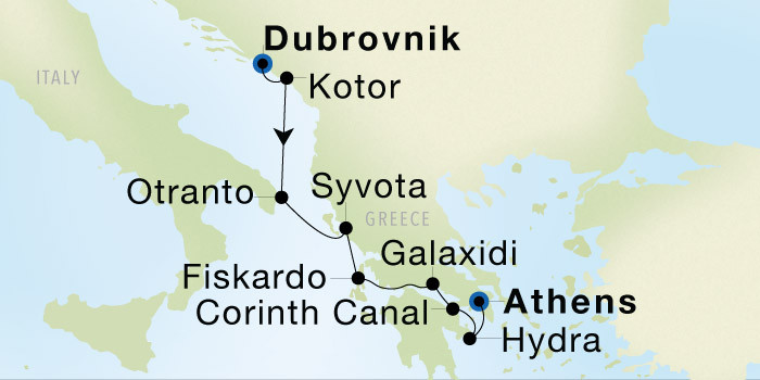 Dubrovnik to Athens (Piraeus) SeaDream voyage 12825 itinerary map