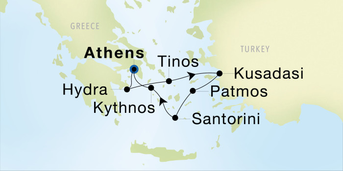 Athens (Piraeus) to Athens (Piraeus) SeaDream voyage 12826 itinerary map