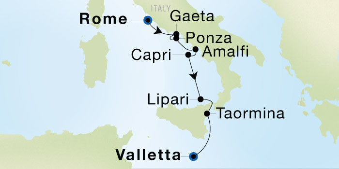 Rome (Civitavecchia) to Valletta SeaDream voyage 12830 itinerary map