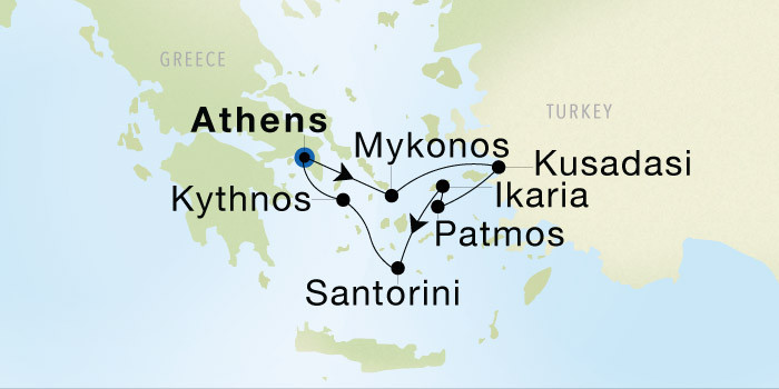 Athens (Piraeus) to Athens (Piraeus) SeaDream voyage 12832 itinerary map