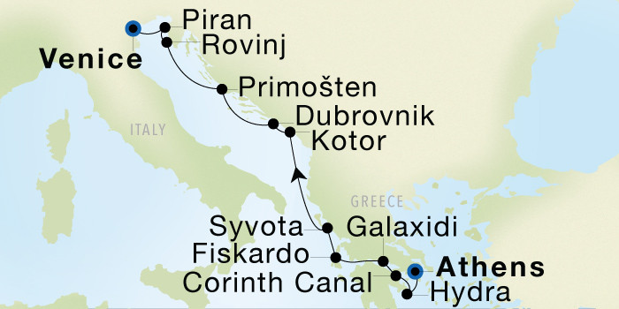 Athens (Piraeus) to Venice SeaDream voyage 12833 itinerary map