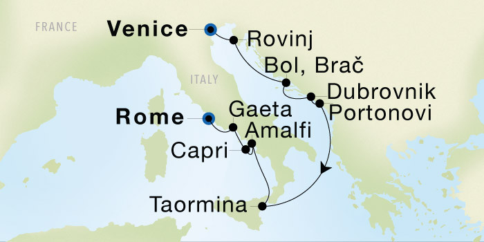 Venice to Rome (Civitavecchia) SeaDream voyage 12834 itinerary map