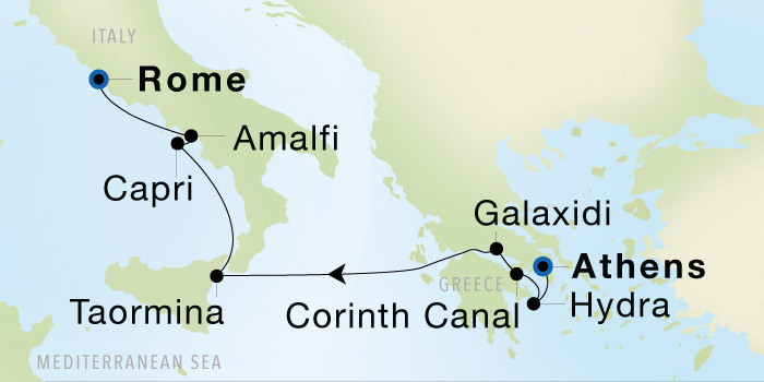 Athens (Piraeus) to Rome (Civitavecchia) SeaDream voyage 12837 itinerary map
