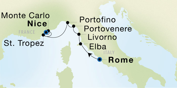 Rome (Civitavecchia) to Nice SeaDream voyage 12838 itinerary map