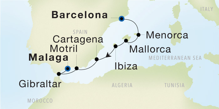 Barcelona to Malaga SeaDream voyage 12840 itinerary map