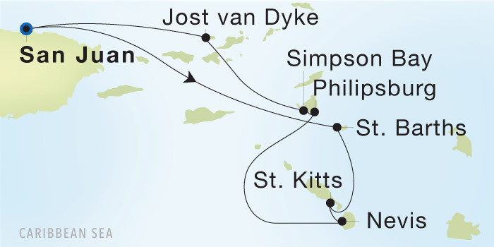 San Juan to San Juan SeaDream voyage 12843 itinerary map