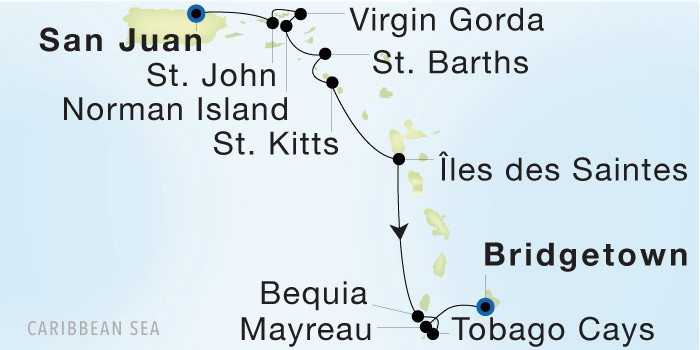 San Juan to Bridgetown, Barbados SeaDream voyage 12906 itinerary map
