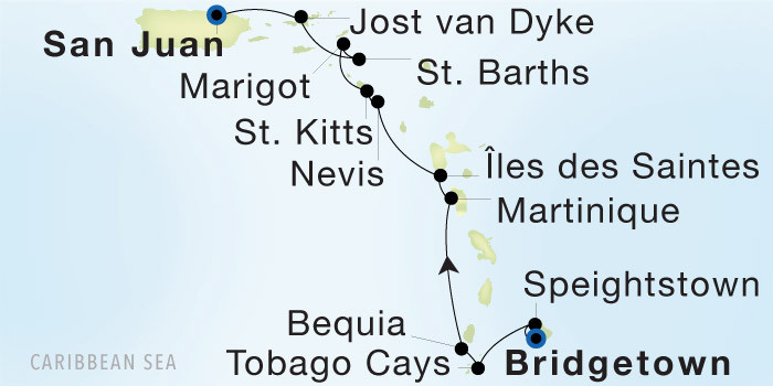 Bridgetown, Barbados to San Juan SeaDream voyage 12908 itinerary map
