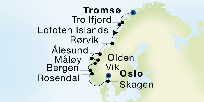Tromsø to Oslo Luxury Cruise Itinerary Map