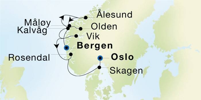 Bergen to Oslo Luxury Cruise Itinerary Map