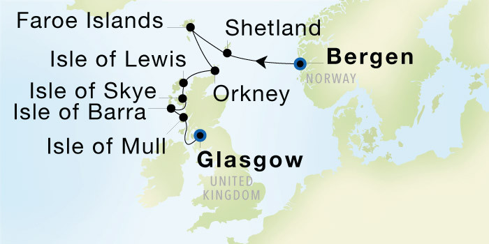 Bergen to Glasgow (Troon) SeaDream voyage 22628 itinerary map