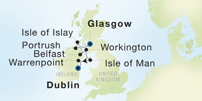 Glasgow (Troon) to Dublin SeaDream voyage 22629 itinerary map
