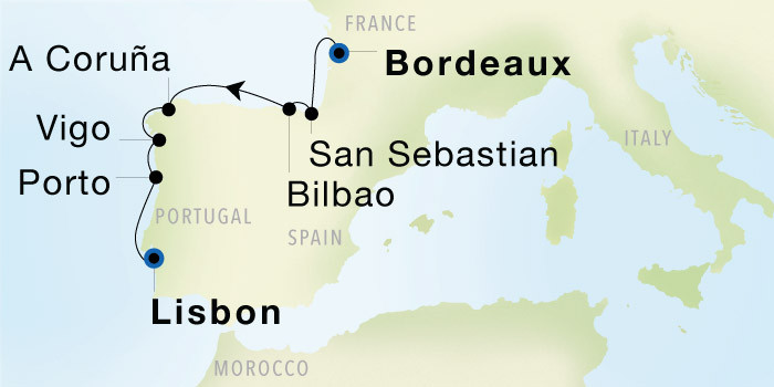 Bordeaux to Lisbon SeaDream voyage 22631 itinerary map