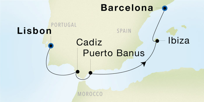 Lisbon to Barcelona SeaDream voyage 22632 itinerary map