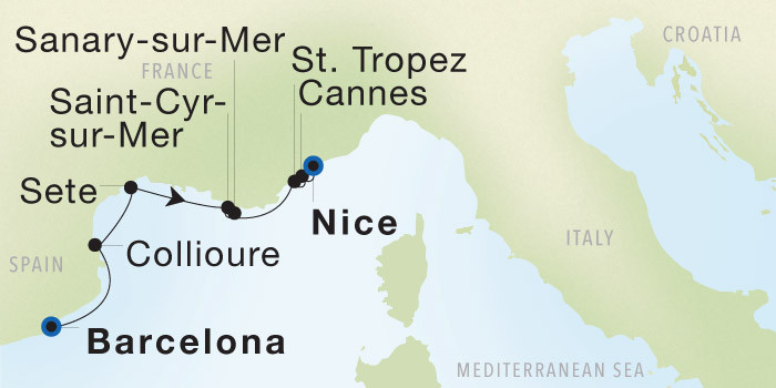 Barcelona to Nice SeaDream voyage 22633 itinerary map