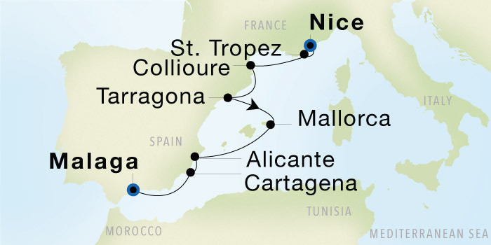 Nice to Malaga SeaDream voyage 22635 itinerary map
